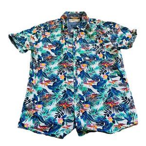 Free Planet Men's Button Front Shirt Large Tropical Hawaiian Short Sleeve (X)